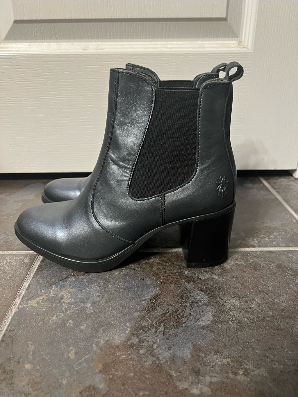 Fly London Pewter Leather Chelsea Block Heel Ankle Boots